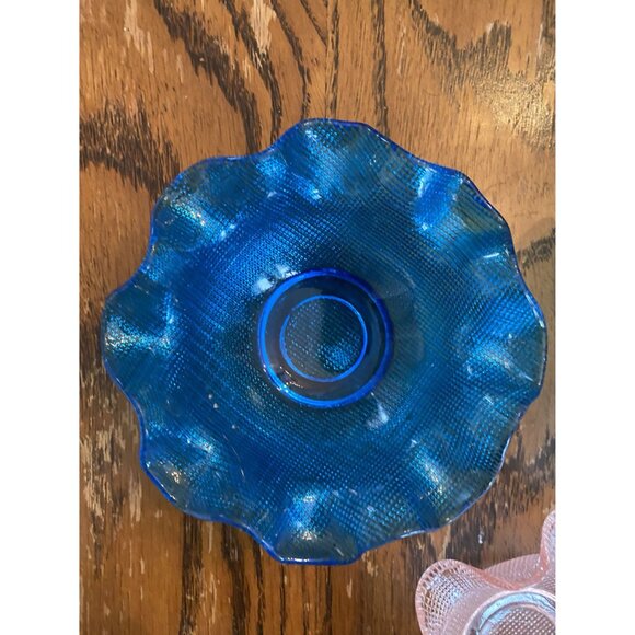Set Of 3 Vintage Colony Blue & Pink Ruffled Waffle Glass Bowls - Picture 5 of 10